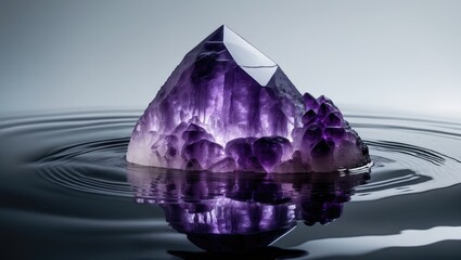 Poster - Purple amethyst gem mirrored in water. Lilac crystal set against a plain white backdrop. Idea for a banner showcasing natural stones.