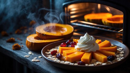 Poster - Baked pumpkin slices in the oven, sliced mango. A plate with oat flakes, whipped cream, dried fruits, and pumpkin alongside mango pieces.
