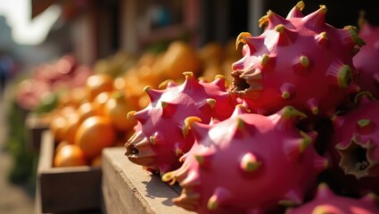 Aufkleber - Vibrant Ripe Pink Pitaya Dragon Fruits - Stock Photo. Fresh dragon fruit showcased at a market stall, close-up perspective.