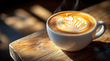 a steaming cup of coffee with latte art on a wooden table in a cafe,