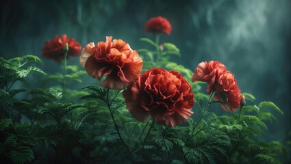Poster - Scarlet blooms surrounded by lush green leaves