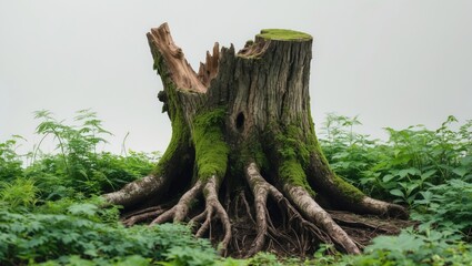 Poster - Eliminate the tree stump. moss-covered roots. An ancient stump surrounded by vibrant greenery. Isolated dead tree set against a white backdrop. high-quality clipping mask.