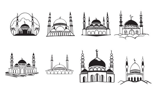 Graceful Mosque Silhouettes Pack,Minimalist Mosque Silhouettes: 6 Variations in Vector Format.