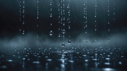 Wall Mural - Image depicting intense rainfall against a somber backdrop. Illustration of lifelike raindrops in contrasting dark and light hues. A scene featuring black with descending droplets, symbolizing the ...