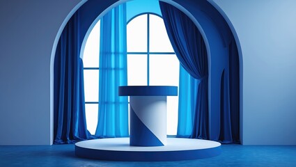 Aufkleber - Stylish blue and white cylindrical podium set against an arched window backdrop with flowing curtains. An abstract, minimalistic arrangement ideal for promotional purposes, featuring geometric shap...