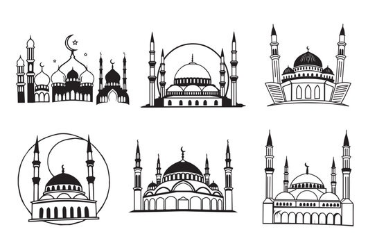 Graceful Mosque Silhouettes Pack,Minimalist Mosque Silhouettes: 6 Variations in Vector Format.