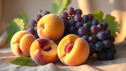 Aufkleber - Lush ripe grapes and peaches basking in sunlight on fabric. Nature's bounty. Harvest time. Nutrients and wellness.