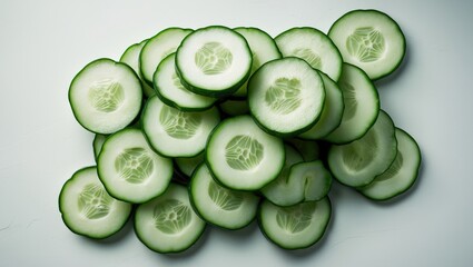 Poster - Fresh cucumber slices arranged on a white surface viewed from above