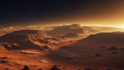 Wall Mural - Aerial view of Mars, panoramic scene of the Martian surface, landscape of Mars, dawn on Mars, digital rendering.