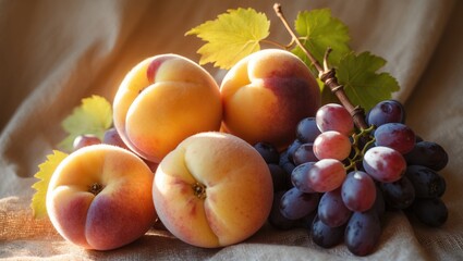 Aufkleber - Fresh and juicy grapes alongside peaches basking in sunlight on canvas. Nature's bounty. Harvest season. Nutrients and wellness.