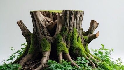 Poster - Eliminate the tree stump. Moss-covered tree roots. An ancient tree stump surrounded by vibrant greenery. Standalone dead tree set against a white backdrop. High-quality clipping mask.