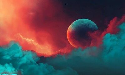 Wall Mural - surreal cosmic landscape with colorful clouds and glowing planet in deep space. science fiction and 
