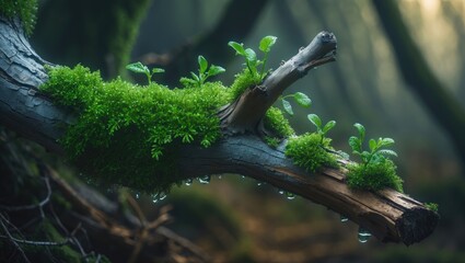 Poster - View of a decaying branch adorned with lush green moss.