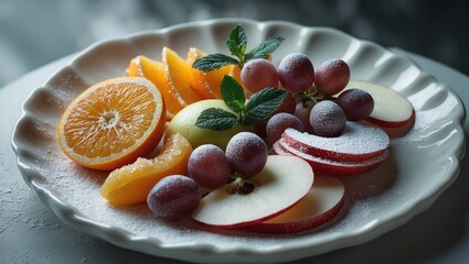 Poster - Assorted sliced fruits including oranges, pears, grapes, and apples with mint, all lightly dusted with powdered sugar on a white platter.