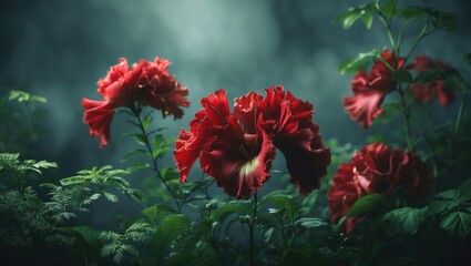 Poster - Crimson blossoms surrounded by lush greenery