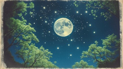 Aufkleber - Brilliant full moon and twinkling stars in a dark sky, framed by green tree branches. Nighttime scene for ceiling decoration.
