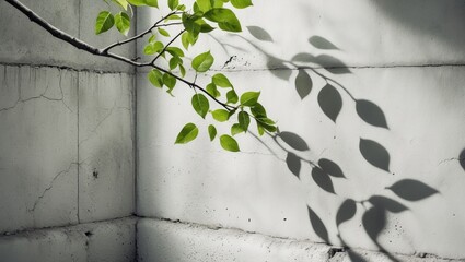 Poster - Falling tree branch with natural leaves casting gray shadows on a textured white concrete wall, ideal for backgrounds and abstract art.