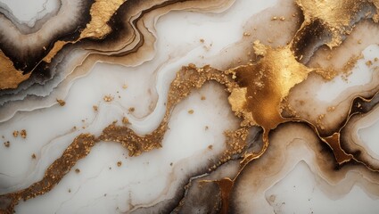Poster - Elegant marble design background featuring alcohol ink textures. A blend of white, brown, and beige mineral aesthetics. Abstract patterns with golden metallic accents and sandy streaks. Opulent sta...