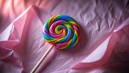 Poster - Colorful spiral lollipop on a wooden stick resting on a pink paper backdrop
