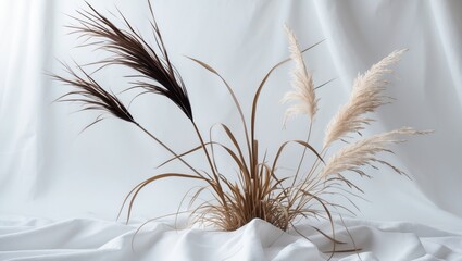 Poster - Isolate the foliage. A white background showcases a cattail and reed plant. Remove bulrush and distaff. Utilize a high-quality clipping mask for a polished presentation.