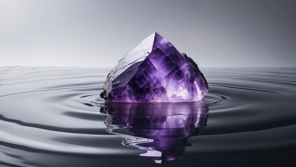 Poster - Purple amethyst shimmering on water's surface. Lilac gemstone displayed against a plain white backdrop. Ideal for a natural stone-themed banner.