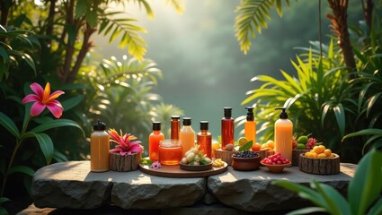 Poster - Showcasing products on a rock display surrounded by a vibrant tropical setting.