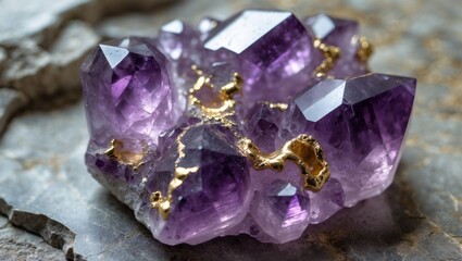 Aufkleber - Gold inclusions seen in an amethyst quartz crystal. Close-up view of unpolished raw amethyst quartz. Background showcases the natural texture and surface of the mineral stone.