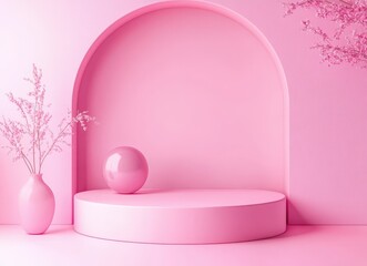 Poster - Soft Pink Background with Round Display Platform, Decorative Vase, and Geometric Sphere in Contemporary Interior Design Aesthetics