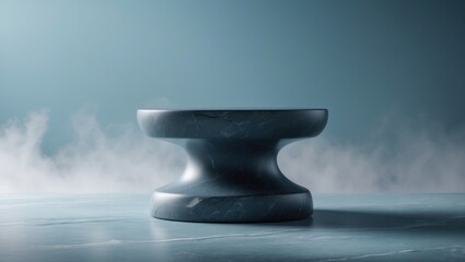 Poster - Stone display stand for showcasing branding and packaging. Aesthetic beauty and fashion theme. Gray podium with a marble finish set against a soft blue background. Rendered image.
