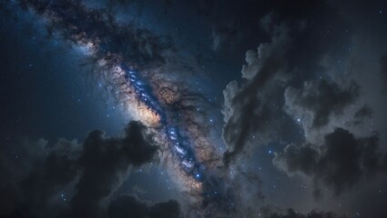 Wall Mural - Milky Way galaxy featuring stars and cosmic dust against a backdrop of a dark planetary night sky, with space for text.