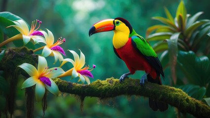 Aufkleber - Timid high-altitude Andean colorful Plate-billed Mountain Toucan Andigena laminirostris sitting on a mossy branch surrounded by bromeliad flowers in a typical cloud forest habitat.
