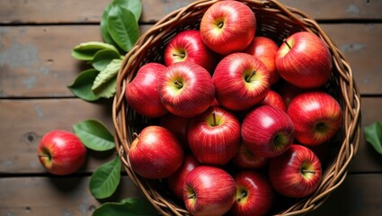 Aufkleber - Freshly picked apples in a basket atop a wooden surface. Aerial view with space for text.