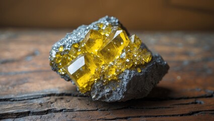 Aufkleber - Close-up of a rough chalcopyrite mineral embedded with small quartz crystals on a wooden surface, showcasing the shiny yellow stone in daylight, emphasizing its geological and mineralogical features.