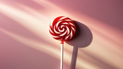 Aufkleber - Swirled red and white lollipop on a white stick set against a pink backdrop. Viewed from above, with space for text.