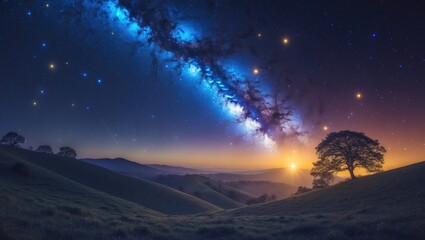 Wall Mural - Arch of the Milky Way. Stunning nocturnal scenery featuring a luminous Milky Way arc, a star-filled sky, vibrant sunlight, and rolling hills. Gorgeous depiction of the cosmos with a space backdrop ...