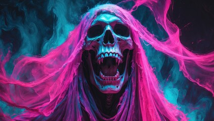 Poster - vivid abstract depiction of a terrifying skull figure shrouded in colorful mist, presented in a psyc