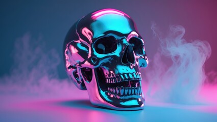 Poster - rendered image of a chrome skull with a screaming expression, showcasing reflections in vaporwave hu