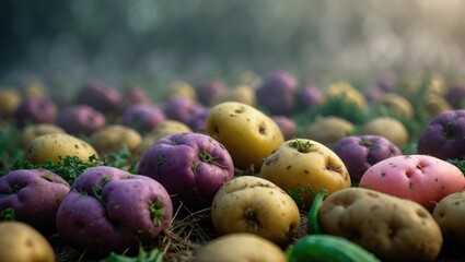 Poster - Colorful potato collection featuring unique varieties, including purple, pink, and yellow potatoes.