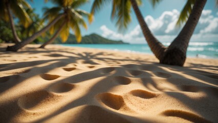 Aufkleber - Tropical beach sand with coconut palm tree shadows, evoking travel and vacation vibes.