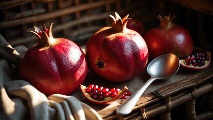 Poster - Juicy pomegranates alongside a spoon