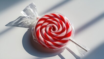 Poster - Red spiral lollipop wrapped in plastic; placed on a white background