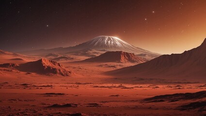 Wall Mural - Landscape of Mars, extraterrestrial terrain featuring a crimson desert, mountains, craters, and twinkling stars. Digital artwork.