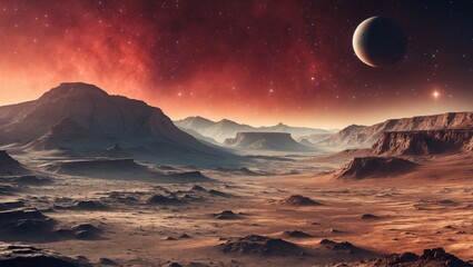 Wall Mural - Mars, the crimson planet, depicted with intricate surface details, atmospheric effects, and a starry backdrop in high-resolution imagery.