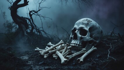 Poster - Skull and bones unearthed from a sinister graveyard shrouded in dim lighting  Still life and artistic depiction