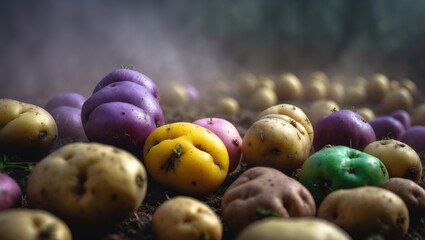 Poster - Harvest of potatoes featuring a variety of unique colors including purple, pink, and more.