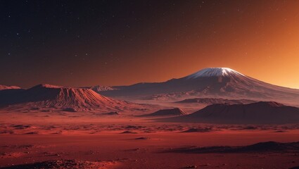 Wall Mural - Alien planet vista featuring a red desert terrain with mountains, craters, and twinkling stars. Digital artwork.