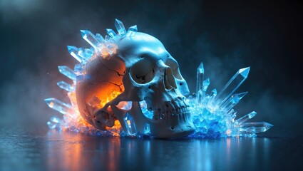 Aufkleber - Skull fracturing and breaking apart into glowing blue and orange crystals - Image