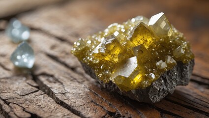 Aufkleber - Close-up of chalcopyrite with small quartz crystals set on a wooden surface, showcasing a shiny yellow mineral in natural light, macro photography highlighting geology and mineralogy.