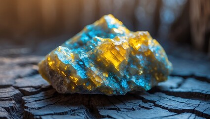 Aufkleber - Chalcopyrite mineral displayed on a weathered wooden surface, featuring a detailed close-up of the vibrant yellow and blue stone, showcasing its geological and mineralogical qualities. Small rock i...