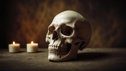 Poster - Human skull displayed against a dark backdrop. Sepia-toned image.